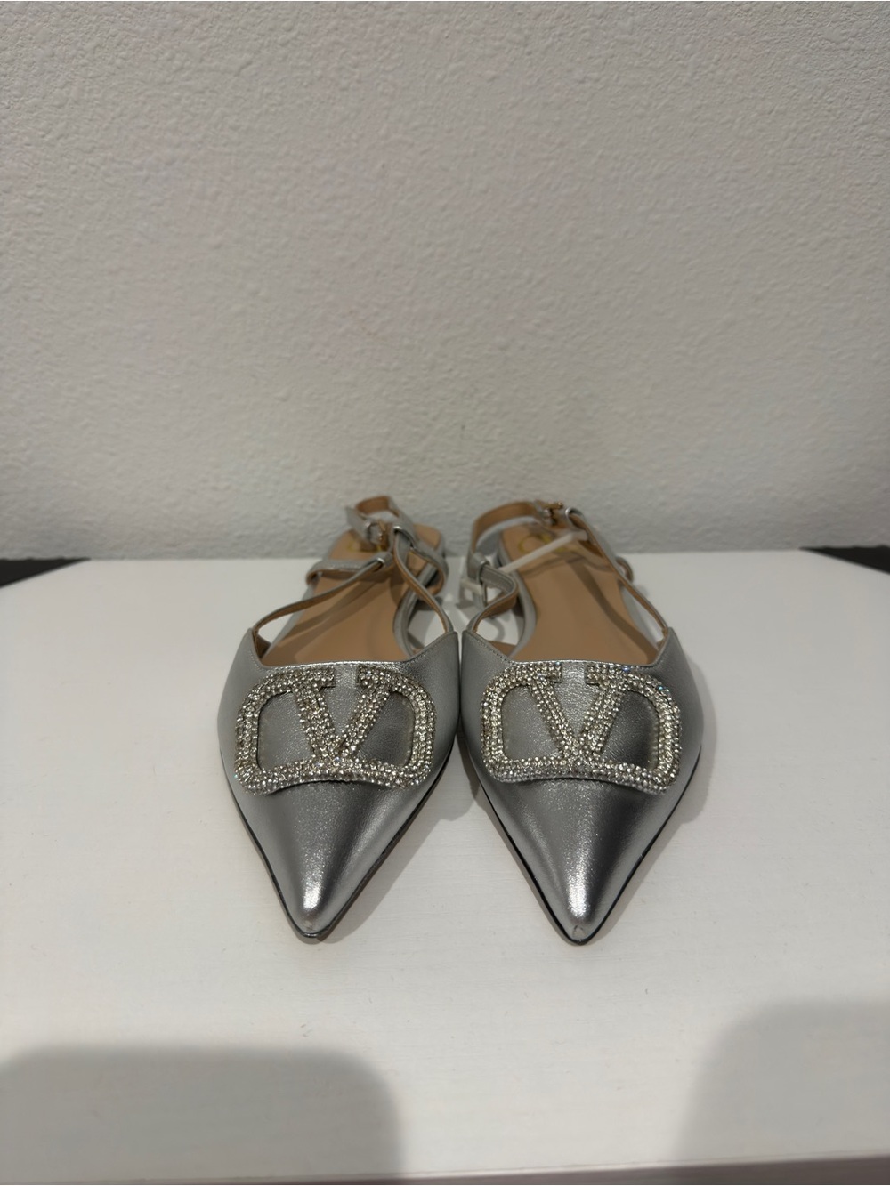 Silver Pointed Toe Slingback Flats with Crystal Logo Accent